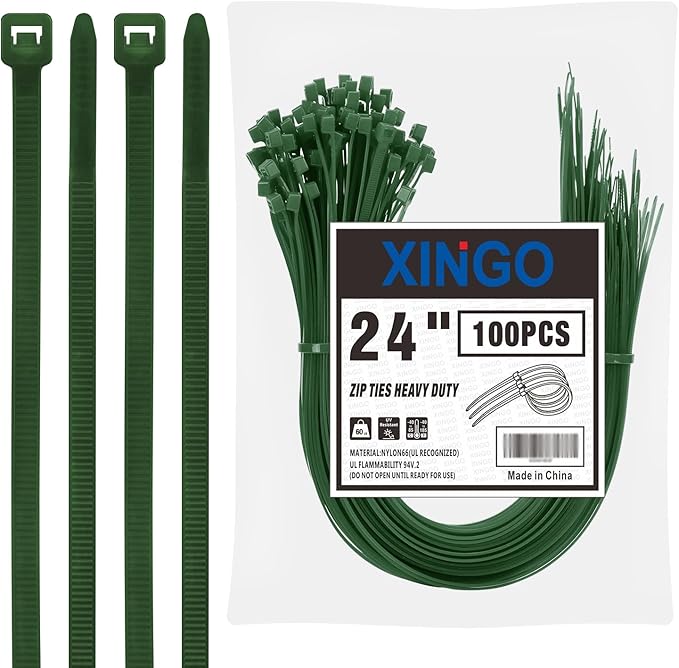 XINGO 24 inch Garden Green Zip Ties Heavy Duty (100 Pack), 60lb Tensile Strength, UV Resistant Cable Ties for indoor and outdoor use