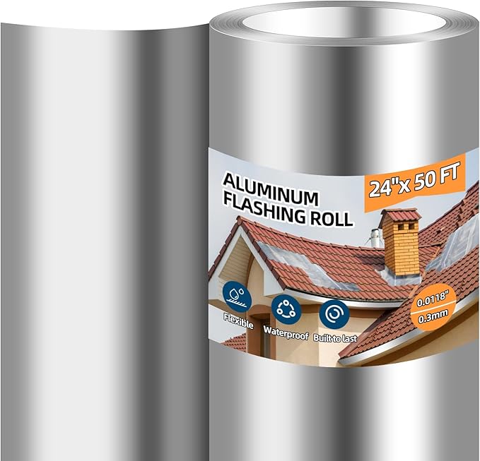 Aluminum Roll Flashing, 24'' x 50' Metal Roofing Roll for Roof and Garden, Prevents Roofing Stains, 0.019-inch/0.3 mm Thickness (26GA) Roof Strip for Moss and Mildew Prevention