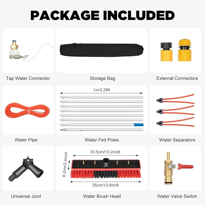 26 Ft Water Fed Pole Kit, 3 in 1 Extendable Solar Panel Cleaning Brush Pole Water Fed Pole Kit Outdoor Tall Window Cleaner for Window, Solar Panel, High-Altitude Clean