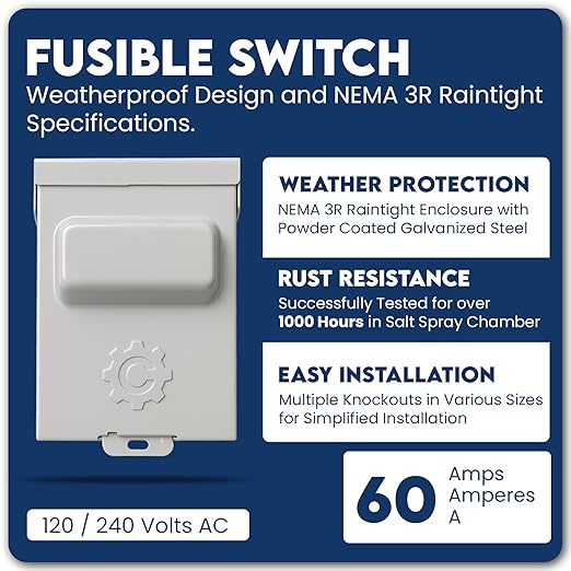 60 Amp Pullout FUSIBLE Disconnect Switch, ControlGear Brand 240V NEMA 3R Outdoor Metallic Enclosure for HVAC Systems, UL Certified, Single Phase Two Wire (fuses NOT Included)