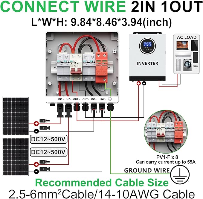 2 String Solar PV Combiner Box IP65 2 in 1 Out DC500V 32A Circuit Breaker with Surge Protector and 15A PV Fuse,Solar Disconnect Switch Outdoor Waterproof for Solar Panels System