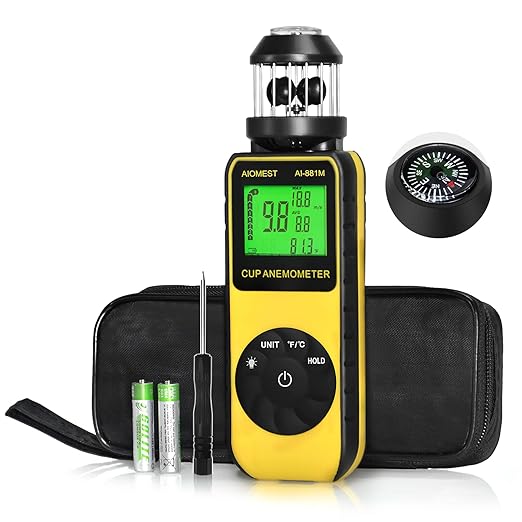 AIOMEST Handheld Wind Cup Anemometer with Direction, Digital Wind Speed Meter Gauge Measure 1.5~93MPH Air Flow Velocity, Wind Temp for Outdoor Hunting Shooting Drone Surfing HVAC - AI-881M