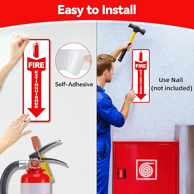 (4 Pack) Fire Extinguisher Signs – Strong Self Adhesive Fire Extinguisher Sign for Business, 12x4 Inch Aluminum Fire Extinguisher Signs Weather Resistant and Easy to Install (White)