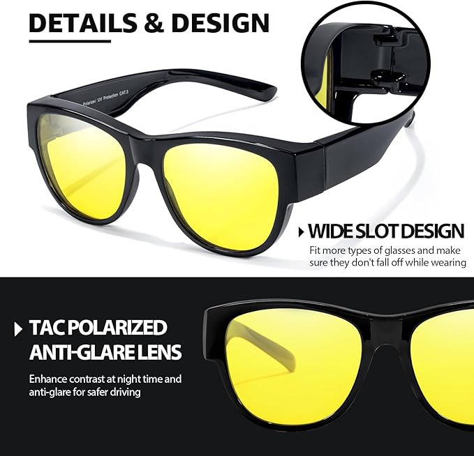 TJUTR Fit-Over Night Vision Driving Glasses for Men Women, Anti-Glare Polarized UV400 Yellow Lenses for Nighttime Safety