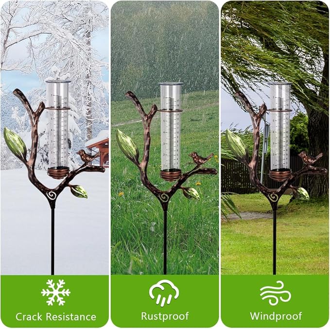 Rain Gauge Outdoor, Metal Rain Gauge with Stake, 7 Inch Tube Rain Measure Gauge, Decorative Branch Rain Measure Tool for Garden, Lawn, Patio