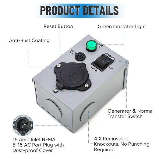 BlueFire 15 Amp Manual Generator Transfer Switch, Pre Punched Detachable Holes, Weatherproof Generator Inlet Box with Circuit Breaker, with LED Light Indicator for Generator Outdoor Indoor, ETL Listed