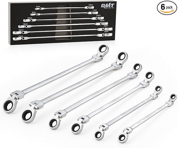 Orion Motor Tech 6-Piece Ratcheting Wrench Set, Metric 8-19 mm Flex Head Ratcheting Wrench Set, Extra Long Ratchet Wrench Set with 72 Tooth Gear & Double Box End