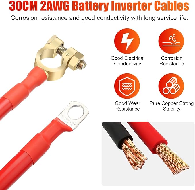Linkstyle 2PCS 2AWG 12 Inch Battery Cables with 3/8" Terminals Lugs and Connectors Clamps, 30CM Battery Inverter Wire Set, for Marine Solar Panels Car Truck RV