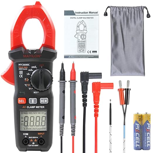600A AC Clamp Meter, 4000 Counts AC/DC True RMS Digital Multimeter with CAT III Safety, Data Hold, Backlight & Temperature Sensor – for Electrical Maintenance Mayilon MY2600C