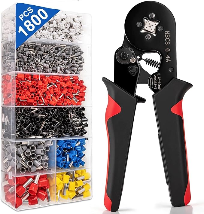 Ferrule Crimping Tool Kit, Wire Ferrules Kit Crimper Pliers with 1800PCS Wire Ends Terminals for AWG 23-7 (0.25-10mm²) Gauge, Self-Adjusting Ratchet Pliers for Audio, Automotive, DIY