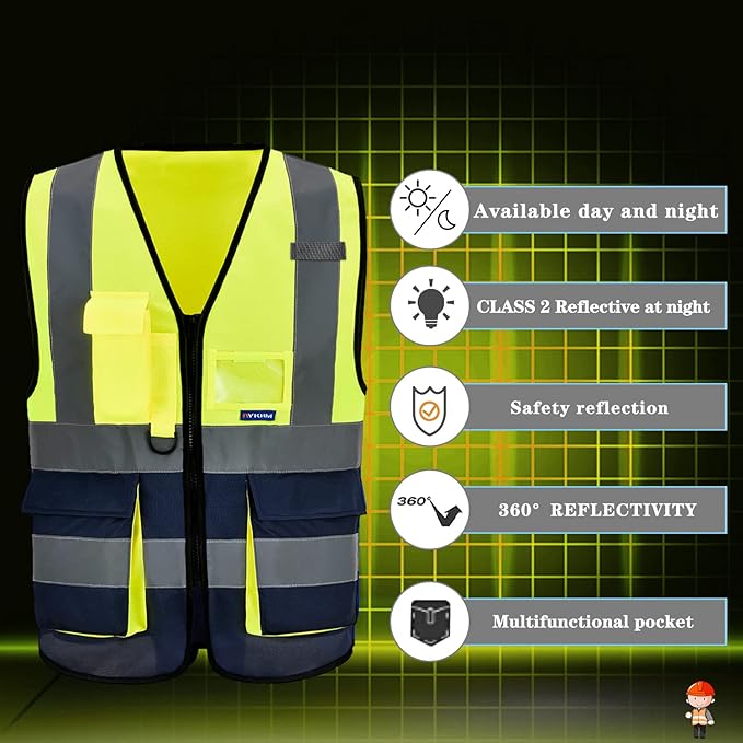 7 Pockets Hi Viz Zipper Front Working Safety Vest with Reflective Strips, Multiple Colors Available, Yellow&Navy, XXL
