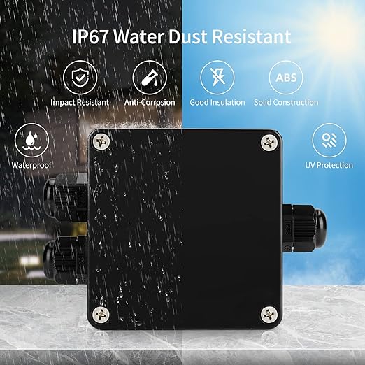 ABS IP67 Waterproof Dustproof Electrical Junction Box, with 15A 600V Barrier Terminal Cable Connector, 1 in/2 Out Power Junction Box（3.26 * 3.18 * 2.2in）