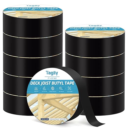 Butyl Joist Tape for Decking 2" x 50', 10 Rolls Weather-Resistant Deck Joist Tape, Waterproof and Anti-Corrosion, Self-Adhesive Flashing Joists Tape for Wood Decks Beams Roof