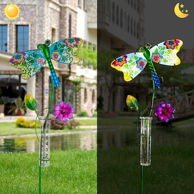Solar Rain Gauge Outdoor, Dragonfly Rain Gauge, 7 Inch Tube Decorative Rain Measure Gauge, Metal Rain Measure Tool for Garden, Lawn Ornaments