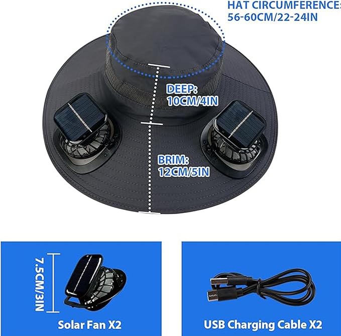 Solar Fan Hat,Wide Brim Sun Hat with 2 Solar Fan, Fishing Hat with Fan for Men, 3 Speed Adjustable Hat with Solar Fans Built in (Grey)