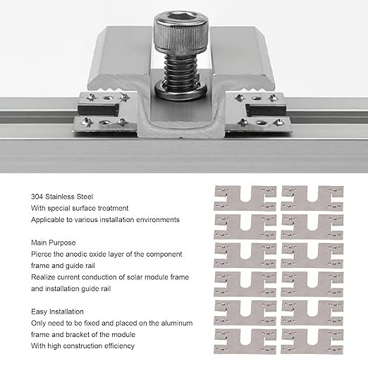 PV Grounding Washer 100pcs Stainless Steel Conductive Gasket Kit for Solar Panel T Slot Rail Mounting System Photovoltaic Grounding Clip