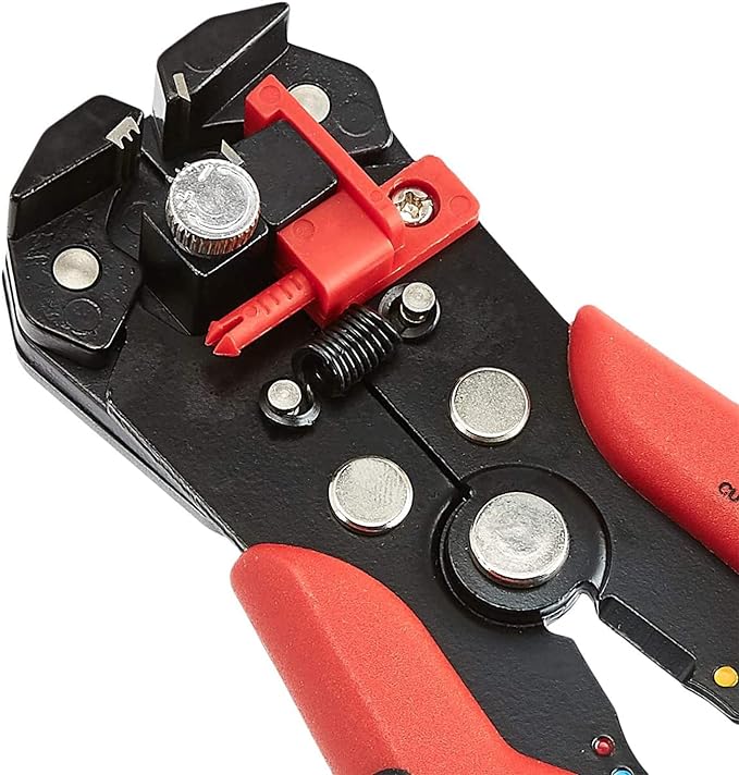 Amazon Basics Self-Adjusting Wire Stripper and Crimping Tool, Strips 10-24 AWG, Black/Red