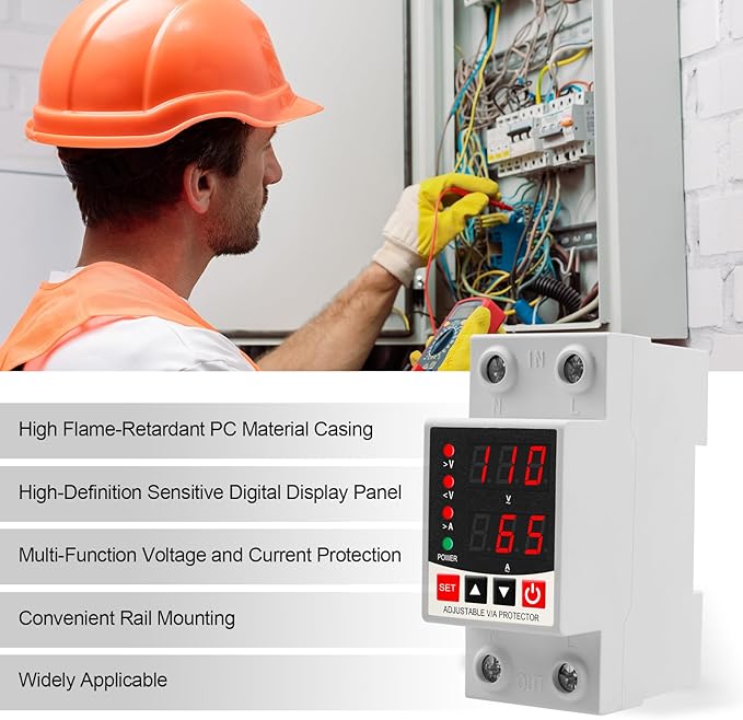 Adjustable V/A Protector Over/Under Voltage & Overcurrent Protection Intelligent Relay Reset Protector Voltage Output Stabilizer for Home Office Appliance, AC110V DC85-300V 63A, Din Rail Mount