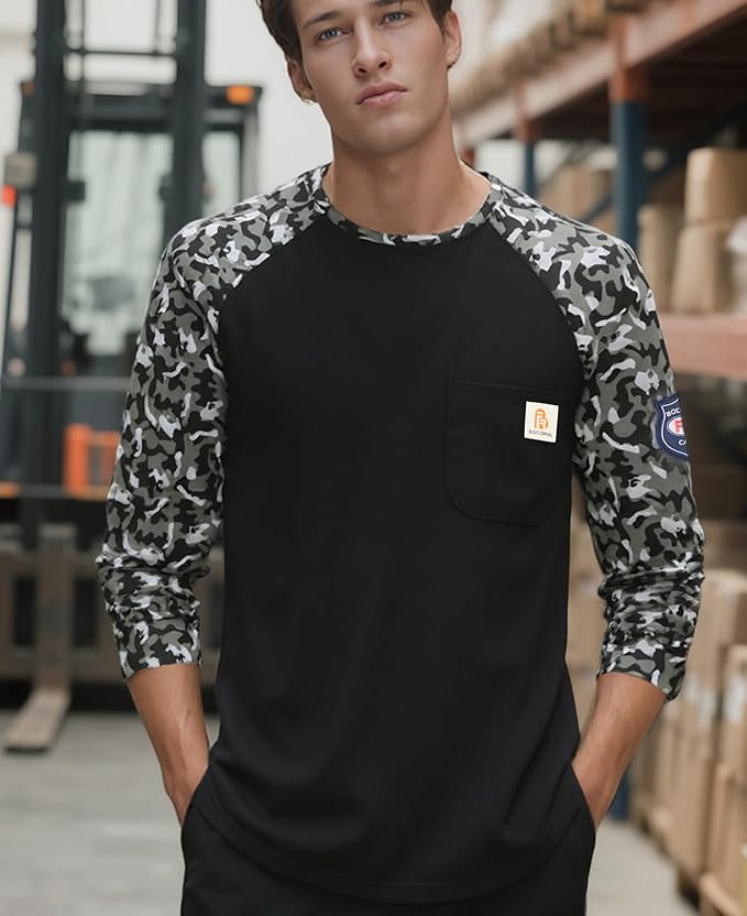 BOCOMAL FR Shirts for Men Lightweight Crew Long Sleeve Flame Resistant/Fire Retardant Shirt…