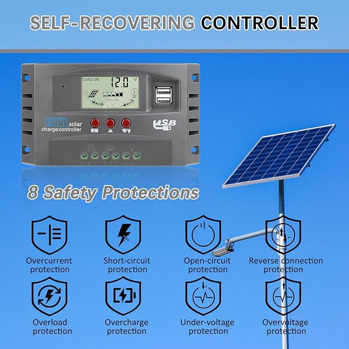 [Upgraded] 30A MPPT Solar Charger Controller 12V/24V Solar Panel Battery Intelligent Regulator with LCD Display, Dual USB Port and Timer Setting Fit for Lead-Acid Open Sealed AGM and Li Battery Grey