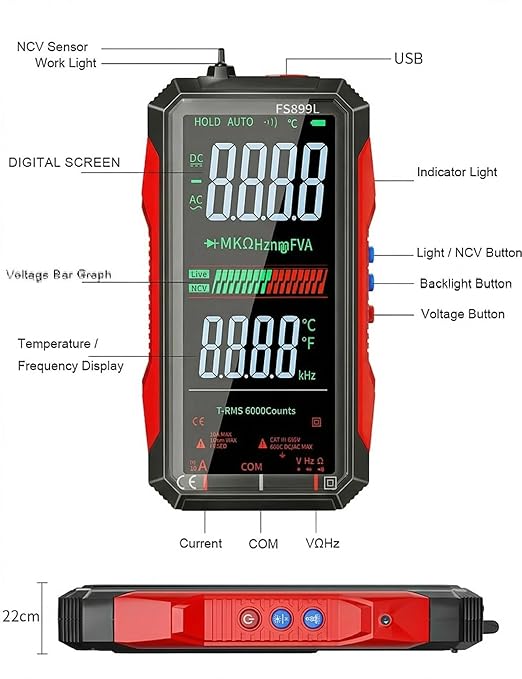 Rechargeable Digital Multimeter 6000 Counts True RMS Smart Tester with 5-Inch Screen, Auto-Range, NCV Detection, Capacitance & Temperature for Home Automotive Industrial Electrical Repairs (Red)
