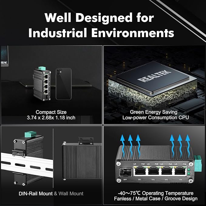 MokerLink 5 Port Gigabit Industrial Solar Battery UPS PoE Switch, Input DC9V-54V to Output DC48V, IEEE802.3af/at PoE, Mini Size, Unmanaged IP40 Network Switch (-40 to 185°F), 10Gbps Capacity