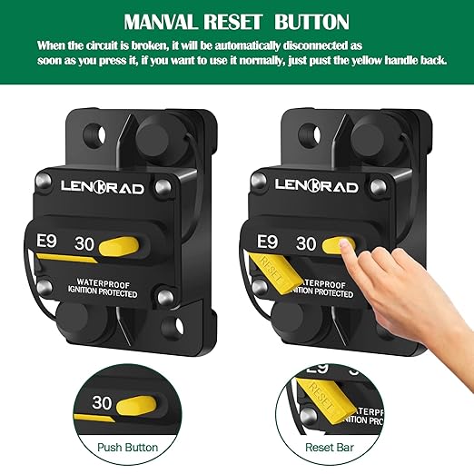 LENKRAD 30amp Marine Circuit Breaker Resettable 30A with Manual Reset Switch Button for Boat Trolling RV Yacht, 12V - 48V DC, Waterproof, Surface Mount(30 Amp Boat Circuit Breaker)