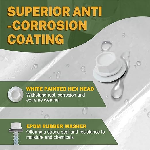 LIONMAX Metal Roofing Screws #10 × 2 Inch, 500-PCS, White Painted Hex Head Sheet Metal Roof Screws, Rubber Washer, Sharp Point, Metal to Wood Siding Screws, Hex Socket Included