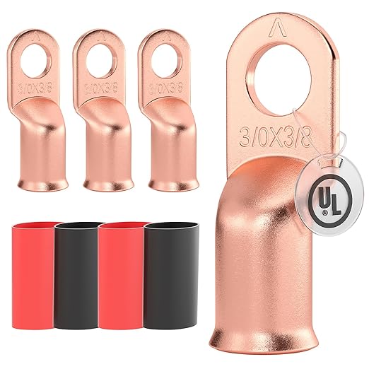 AIRIC UL Listed 3/0 AWG - 3/8" Battery Cable Lugs, Heat Shrink Ring Terminals End, Copper Cable Ends, Wiring Connector Terminal, Electrical Crimp Connectors, Wire Lug for 3/0 Gauge Wires, 4 PCS