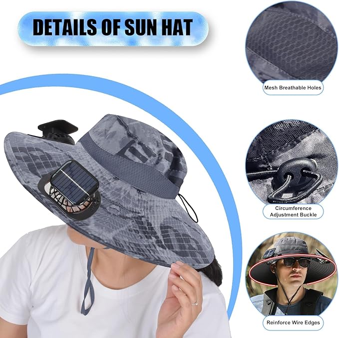 Solar Fan Sun Hat, Widen Brim Outdoor Fishing Men Hat with 2 Fans, Adjsutable 180°Rotating Cooling UPF 50+