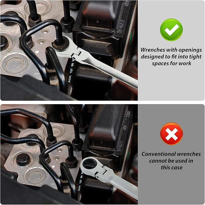LOSCHEN】1PCS 11/16 Open Flex-Head Ratcheting Wrench, SAE Ratcheting Spanner with 72 Teeth, Chrome Vanadium Steel Tubing Ratchet Spanner