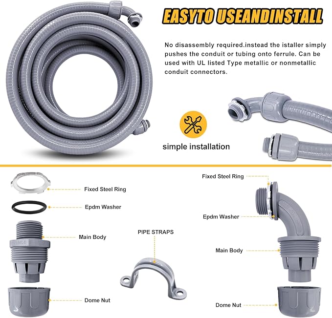 3/4 inch 150 Foot Liquid-Tight Conduit and Connector Kit, Flexible Non Metallic Electrical Conduit, With 10 Straight and 10 Angle Fittings and Pipe Strap
