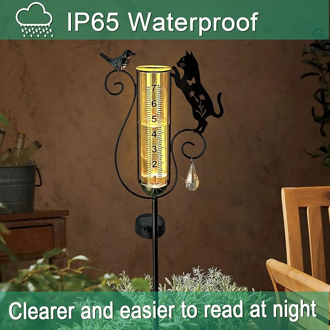 Outdoor rain Gauge Accurate Outdoor rain Gauge Garden rain Gauge with Black Kitten and Bird Solar Light Stake Decorative rain Gauge for Garden Patio Lawn with Large Numbers 37 in Tall