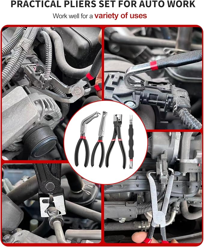 4 Pcs Automotive Electrical Disconnect Pliers Tools Kit, Portable Auto Electrical Connector Removal Separator Tool for Car, Hose Clamp Removal Plier, Wire Plug Removal Tool
