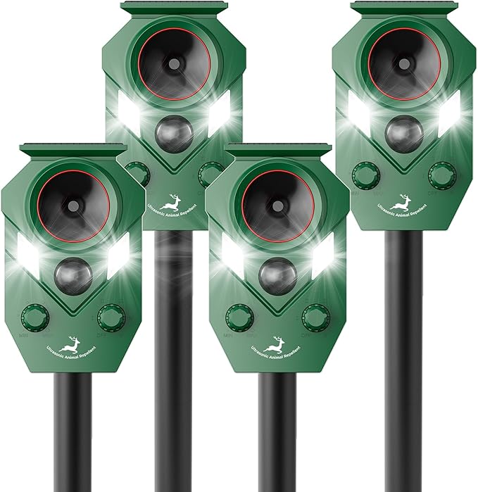 4 Pack of X-PEST Solar-Powered Ultrasonic Animal Repellent for Outdoor Yard, Waterproof Cat Deterrent with LED Flashing Lights and Motion Sensor,Effective to Repel Cats, Coyotes, Raccoons, and Deer