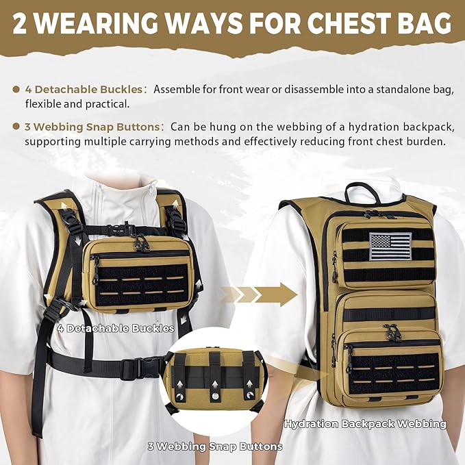 Tactical Hydration Backpack with 2L Water Bladder and Front Small Tactical Pouch, Outdoor Water Backpack for Men Women, Sports Hydration Pack for Hiking, Cycling, Climbing