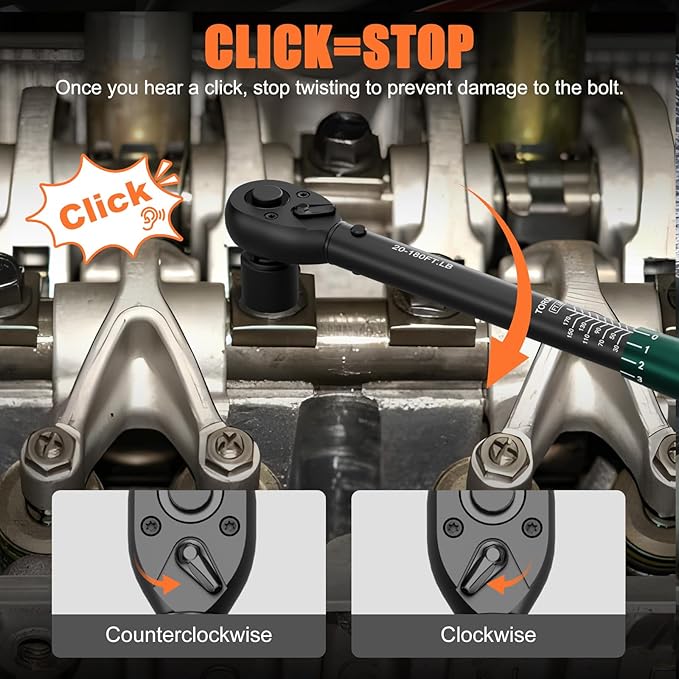 1/2 Click Torque Wrench, 20-180 Ft-lb, 72-Tooth Dual Direction Torque Wrench, ±3% Precision for Car, Truck, SUV, and Wheel Lug Nuts Maintenance