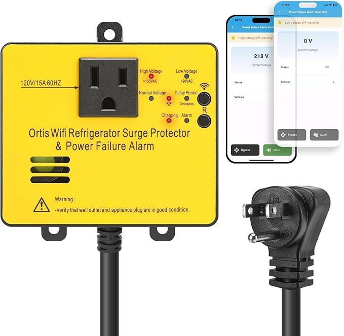 Wi-Fi Smart Power Failure Alarm with Surge Protector, Remotely Monitor and Control Your Refrigerator Via App, Ensuring The Safety of Refrigerator and Food Stored Inside, Yellow