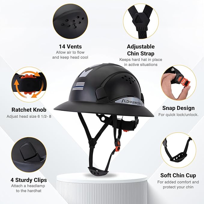 Full Brim Hard Hat Construction OSHA Approved Vented Hard Hat Cascos De Construccion Adjustable Cool Vent Work Safety Helmet for Men and Women