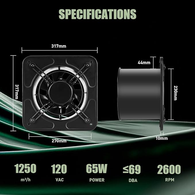 FAREAST 10 Inch Garage Exhaust Fan, Wall Mounted Kitchen Exhaust Fan, Metal Attic Fan with Backdraft Damper, 1250 m³/h Air Volume Vent Fan for Greenhouse, Basement, Window Ventilation (Black)
