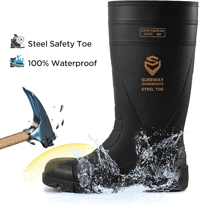 SUREWAY Steel Toe Rain Boots for Men, Knee High Waterproof Work Boots with Slip & Oil Resistant Outsole for Industrial, Construction, Agriculture