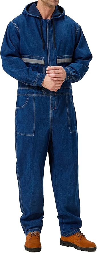 Mens Denim Work Coveralls with Hood Heavy Duty Work Jumpsuit Loose Fit Coverall Hi Viz Mechanic Jeans Overalls