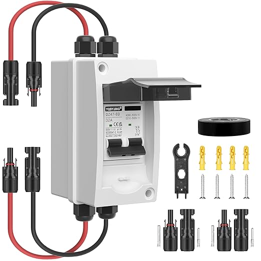 Solar Panel Disconnect Switch 32 Amp 4 Holes DC AC Miniature Circuit Breaker 500V 2 Poles with PV Connector and IP65 Waterproof UV-Proof Box for Outdoor Solar PV Homes Battery