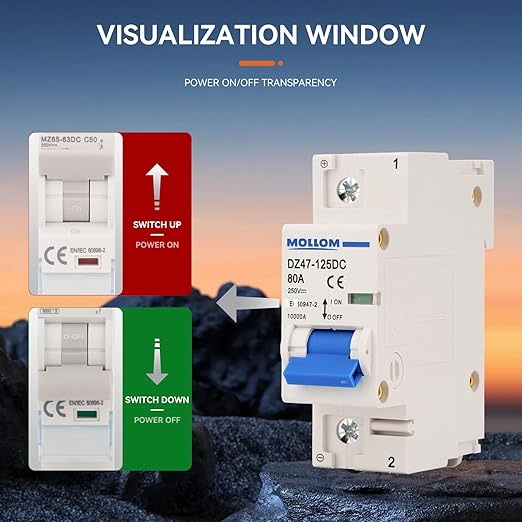 MOLLOM DC 1 Pole Miniature Circuit Breaker, 250V 80Amps, C80 Scene Visualization Custom MCB Thermal Magnetic Trip, 6KA Breaking Capacity DC Disconnect Switch for Solar PV System