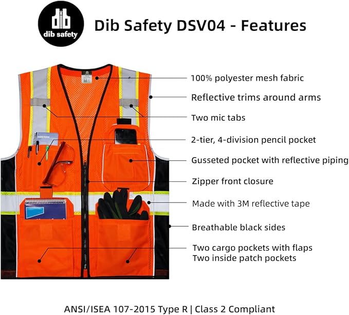 Dib Safety Reflective Vest Orange Mesh, High Visibility Vest with Pockets and Zipper, ANSI Class 2 Heavy Duty, Made with 3M Reflective Tape, 4XL