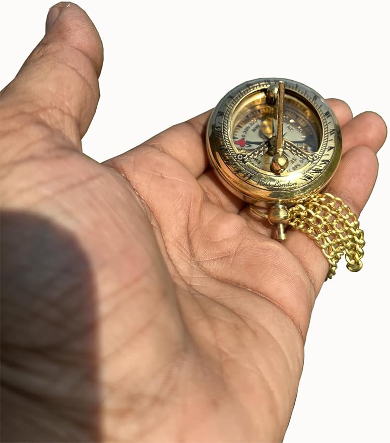 Brass Antique Sundial Compass with Leather Case | Push Button 5 Cm Dia Antique Finish Vantage Compass with Long Chain | Birthday Gift, Baptism Compass