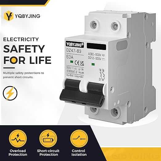 DC Circuit Breaker 63 Amp Solar Panel Disconnect Switch 12V-500V 2 Poles Miniature Solar Circuit Breaker for Outdoor PV Homes Battery, AC 110V DIN Rail MCB