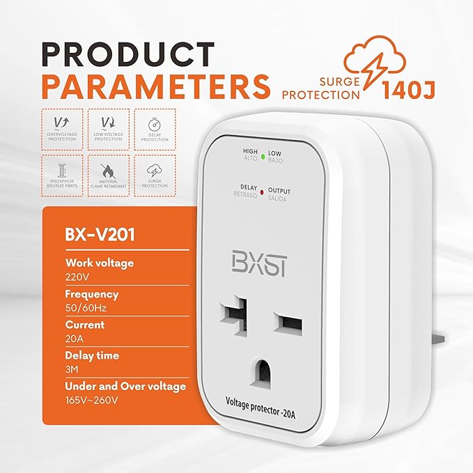 BXST 220V Surge Protector Electronic Voltage Protector for Home Appliance Surge Protector for Refrigerators One Outlet Plug 20A,4400W, White
