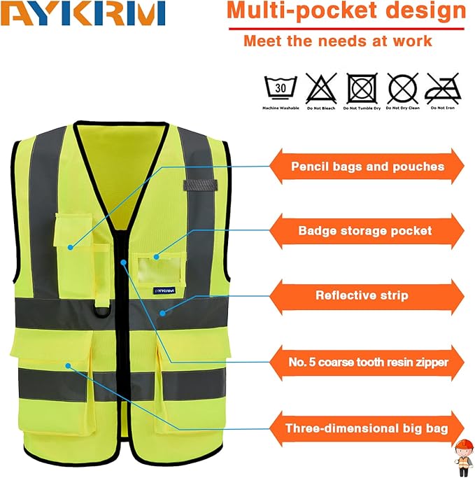 Reflective Security Safety Vests Heavy Duty with 7 Pockets and Front Zipper