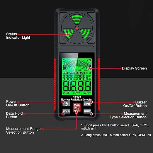 Geiger Counter Intendvision Nuclear Radiation Detector - Portable Radiation Dosimeter Tester Beta Gamma X-ray Detector for Nuclear Wastewater Seafood with Backlit LCD Display, Audible & Visual Alarm